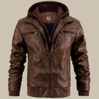 Men's Hooded Leather Jacket with Zip Front & Relaxed Fit - Front Hood Up