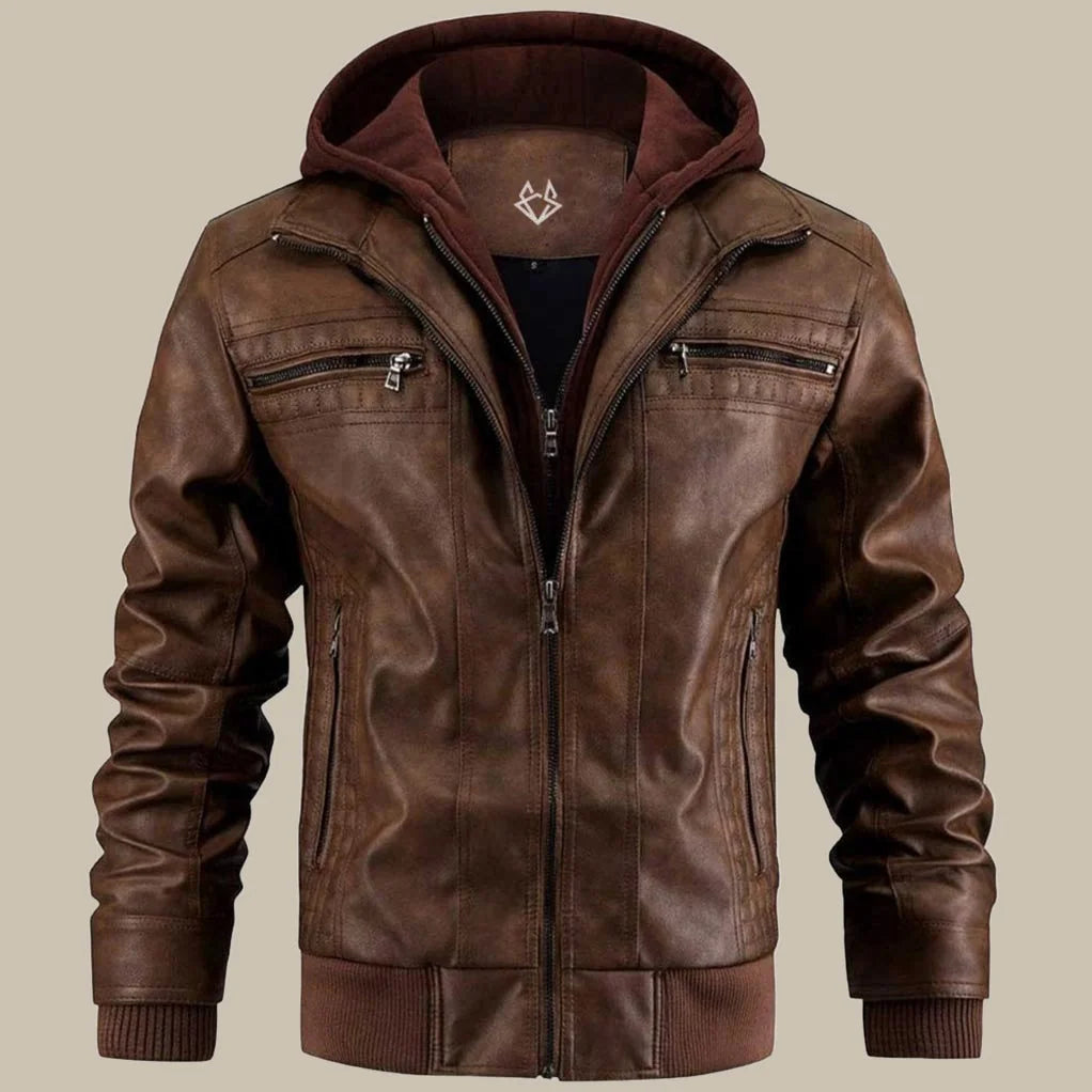 Men's Hooded Leather Jacket with Zip Front & Relaxed Fit - Front Hood Up