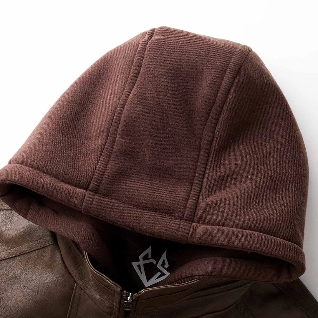 Men's Hooded Leather Jacket with Zip Front & Relaxed Fit - Hood Close Up