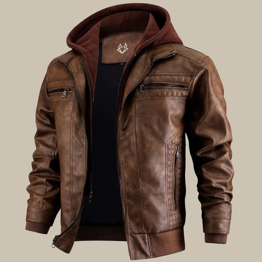 Brown Men's Hooded Leather Jacket with Zip Front & Relaxed Fit