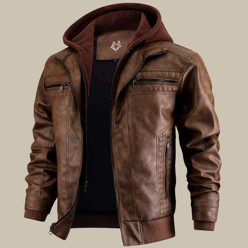 Brown Men's Hooded Leather Jacket with Zip Front & Relaxed Fit