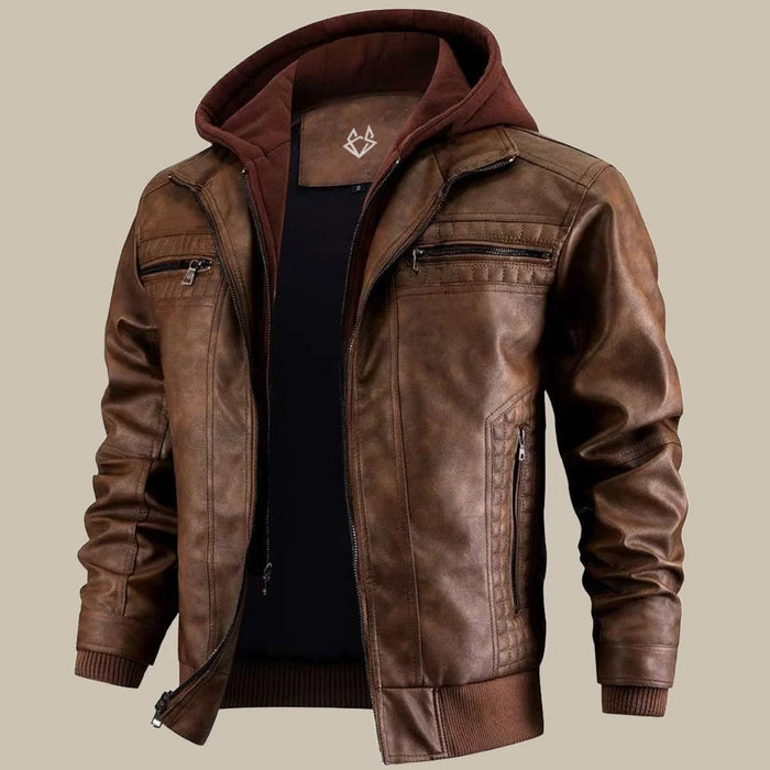 Brown Men's Hooded Leather Jacket with Zip Front & Relaxed Fit