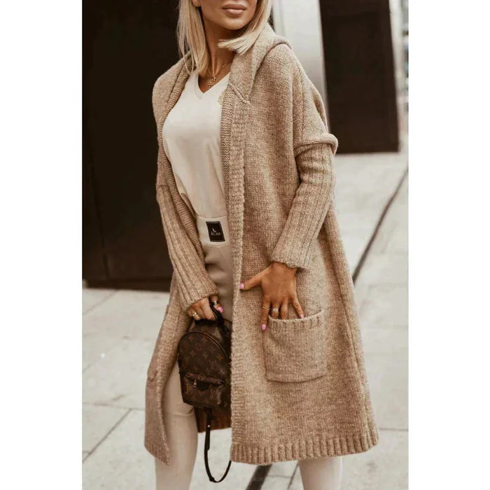 Khaki Women's Long Cardigan with Hooded Open Front & Patch Pockets — Philomena - Front Full