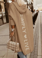 Khaki Women's Long Cardigan with Hooded Open Front & Patch Pockets