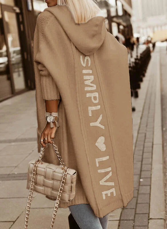 Khaki Women's Long Cardigan with Hooded Open Front & Patch Pockets