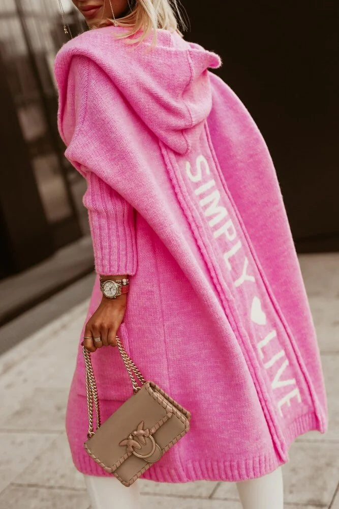 Pink Women's Long Cardigan with Hooded Open Front & Patch Pockets — Philomena