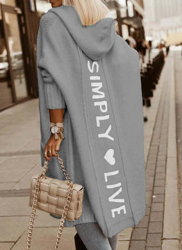 Silver Women's Long Cardigan with Hooded Open Front & Patch Pockets — Philomena