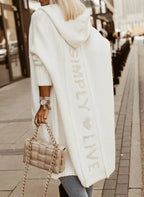 White Women's Long Cardigan with Hooded Open Front & Patch Pockets — Philomena - Back Pose
