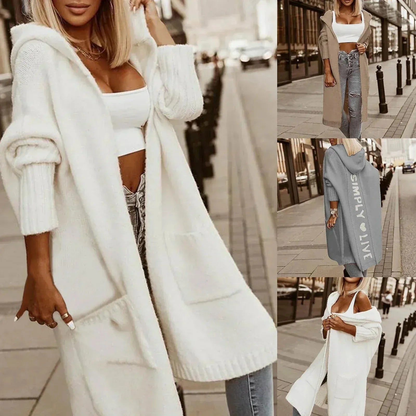 White Women's Long Cardigan with Hooded Open Front & Patch Pockets — Philomena - Front Collage