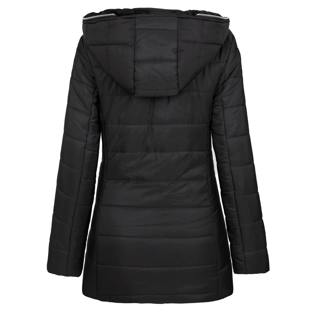 Women's Long Puffer Coat with Faux Fur-Lined Hood & Zip Pockets - Back Ghost Mannequin