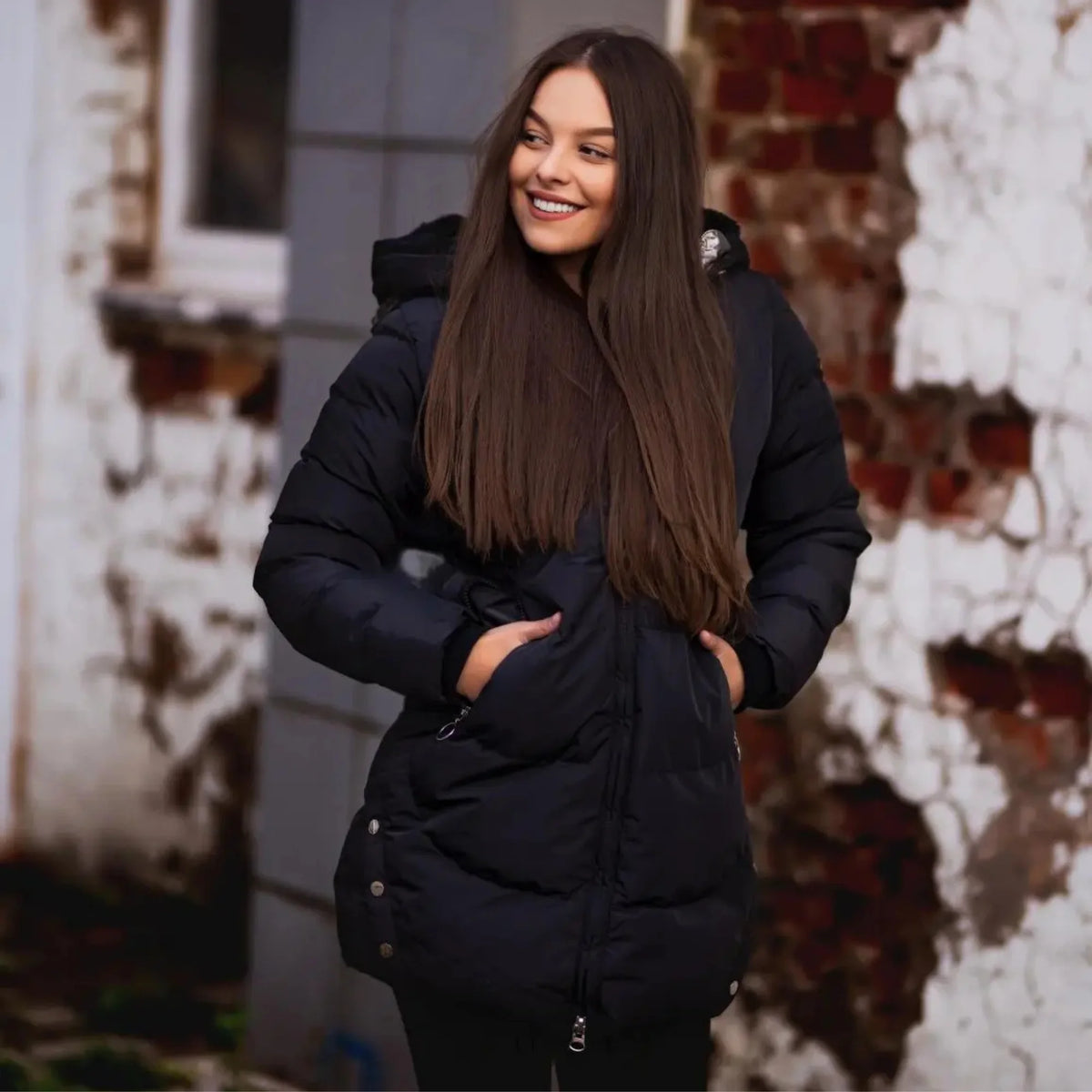 Women's Long Puffer Coat with Faux Fur-Lined Hood & Zip Pockets - Outdoor Lifestyle Pose
