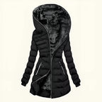 Black Women's Long Puffer Coat with Faux Fur-Lined Hood & Zip Pockets