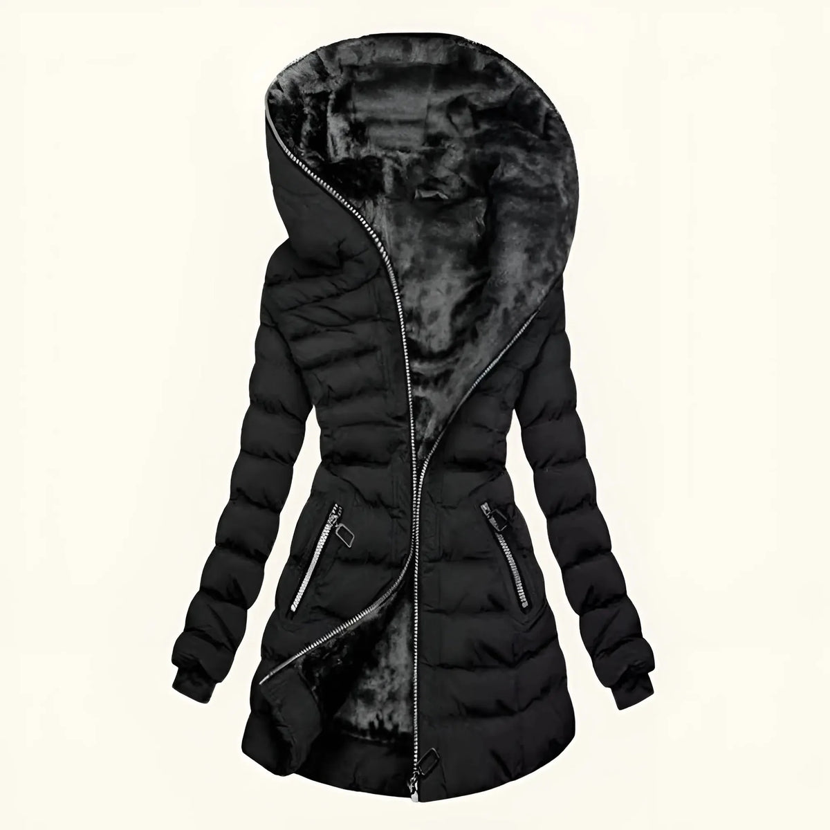 Black Women's Long Puffer Coat with Faux Fur-Lined Hood & Zip Pockets