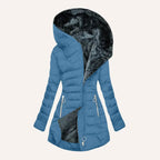 Blue Women's Long Puffer Coat with Faux Fur-Lined Hood & Zip Pockets
