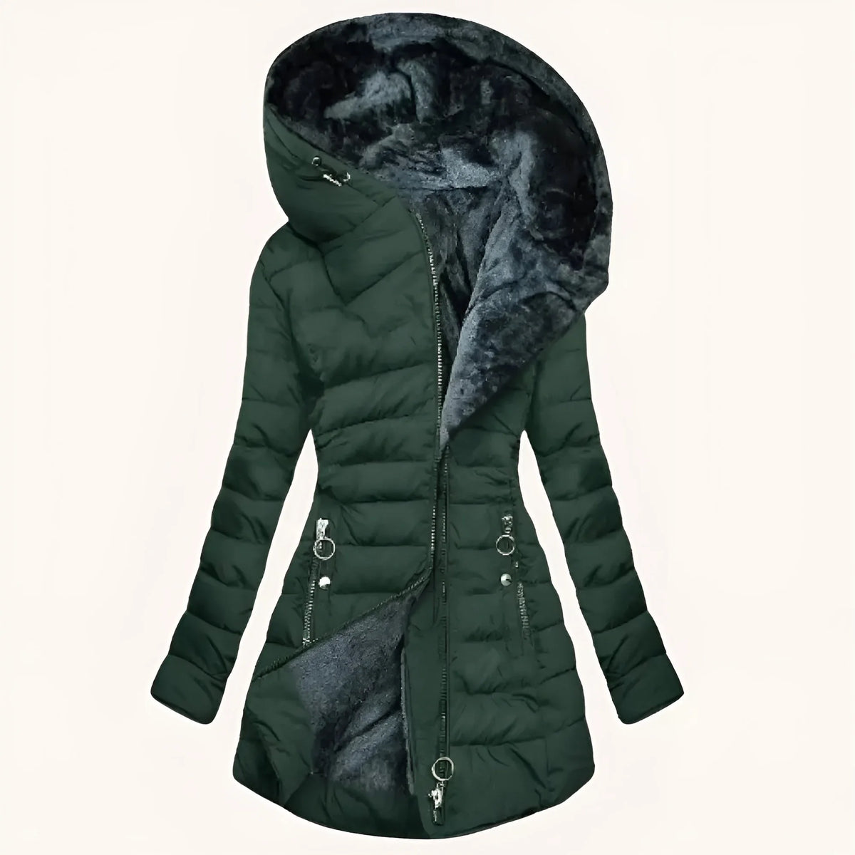 Dark Green Women's Long Puffer Coat with Faux Fur-Lined Hood & Zip Pockets - Front Flat Lay