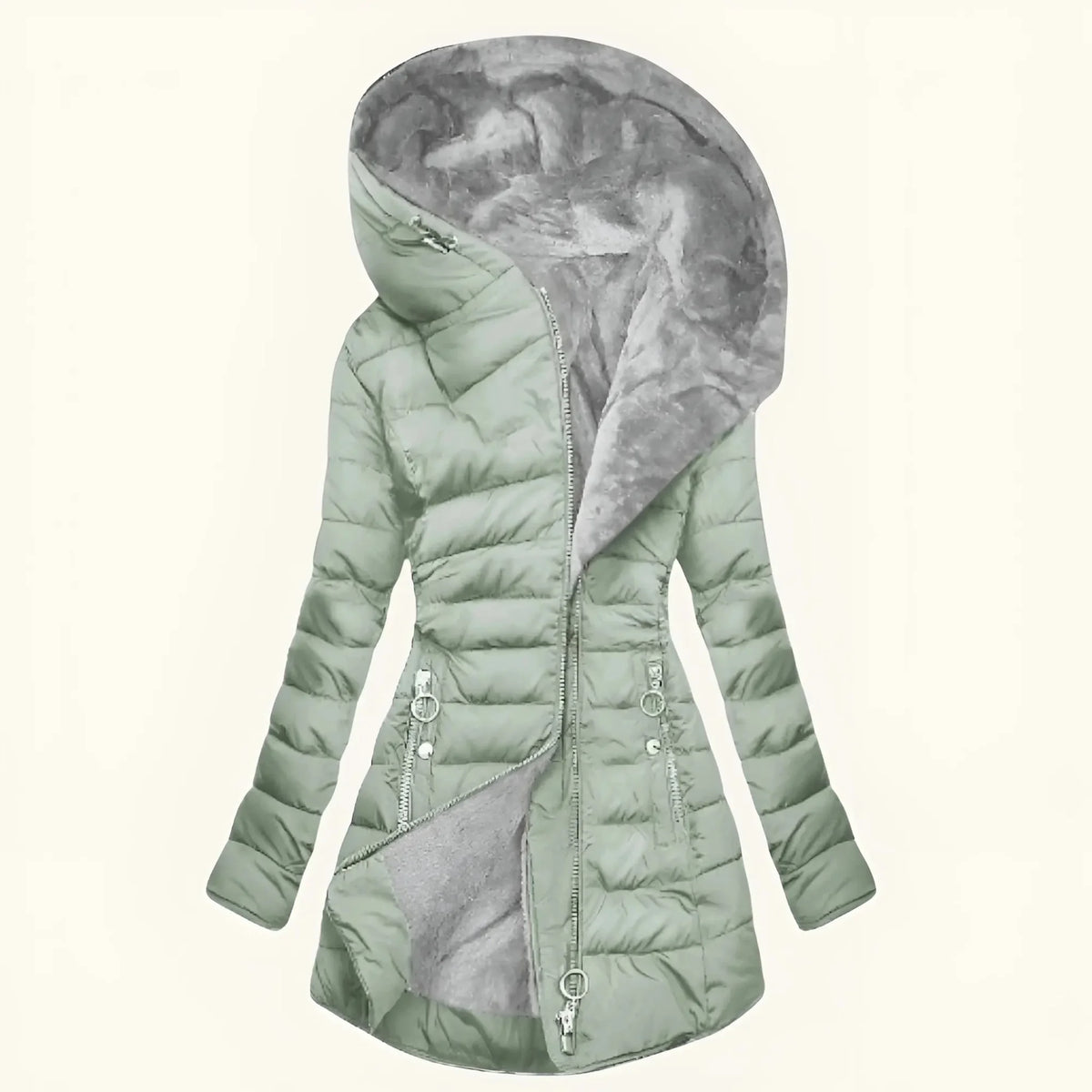 Green Women's Long Puffer Coat with Faux Fur-Lined Hood & Zip Pockets