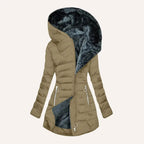 Khaki Women's Long Puffer Coat with Faux Fur-Lined Hood & Zip Pockets