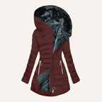 Wine Red Women's Long Puffer Coat with Faux Fur-Lined Hood & Zip Pockets - Hood Detail View