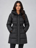 Black Women's Hooded Puffer Coat with Adjustable Waist & Relaxed Longline Fit