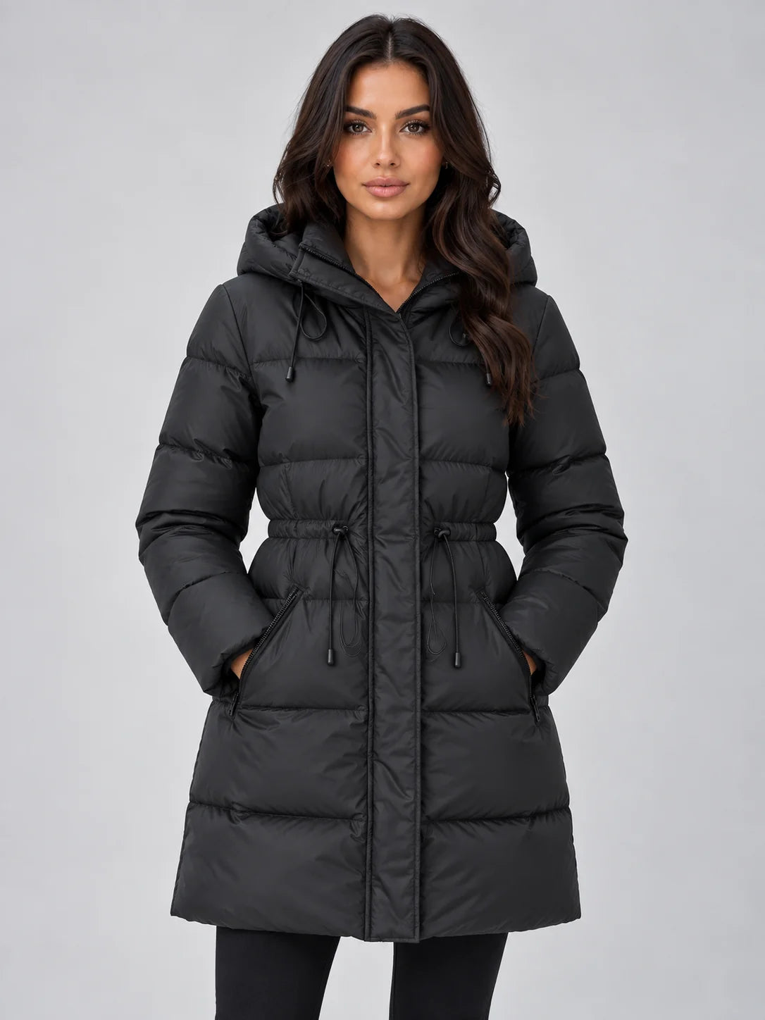 Black Women's Hooded Puffer Coat with Adjustable Waist & Relaxed Longline Fit