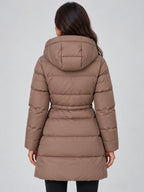 Women's Hooded Puffer Coat with Adjustable Waist & Relaxed Longline Fit - Back Detail