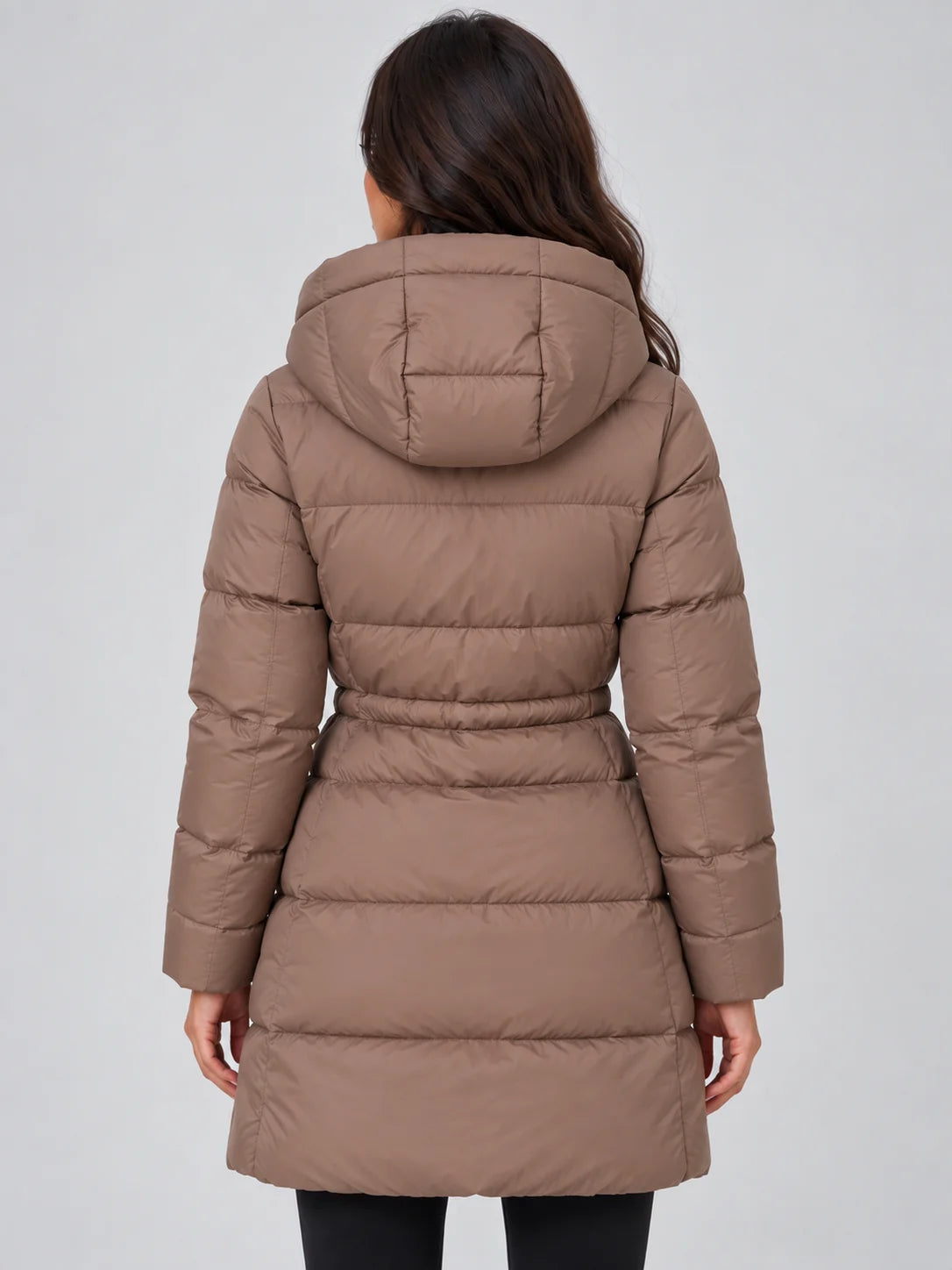 Women's Hooded Puffer Coat with Adjustable Waist & Relaxed Longline Fit - Back Detail