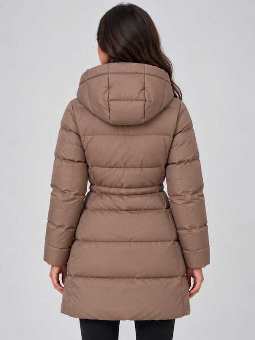 Women's Hooded Puffer Coat with Adjustable Waist & Relaxed Longline Fit - Back Detail