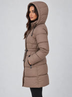 Women's Hooded Puffer Coat with Adjustable Waist & Relaxed Longline Fit - Side Pose