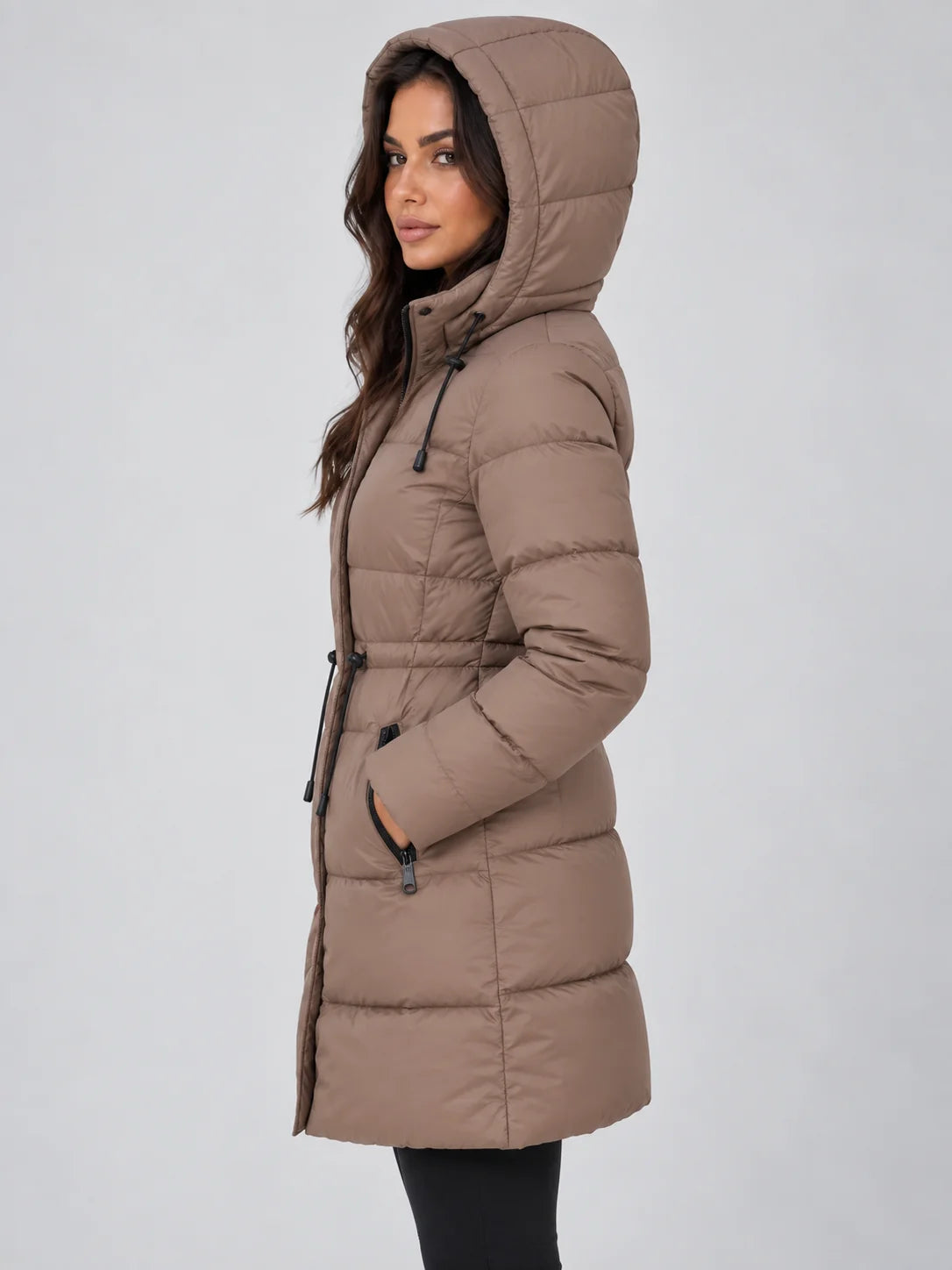 Women's Hooded Puffer Coat with Adjustable Waist & Relaxed Longline Fit - Side Pose