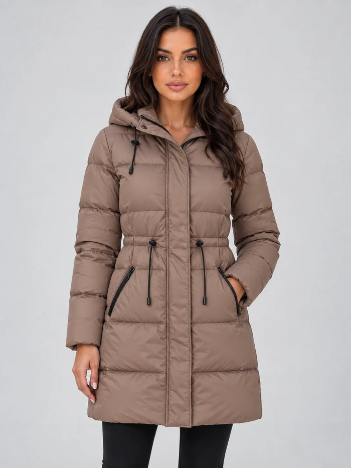 Brown Women's Hooded Puffer Coat with Adjustable Waist & Relaxed Longline Fit