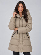 Khaki Women's Hooded Puffer Coat with Adjustable Waist & Relaxed Longline Fit
