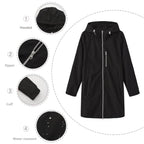 Black Women's Long Rain Jacket — Estella Hooded Water-Resistant Zip-Front - Flat Lay Detail Callouts