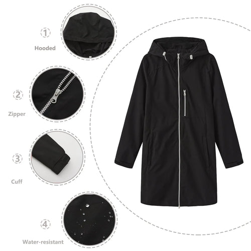 Black Women's Long Rain Jacket - Flat Lay Detail Callouts