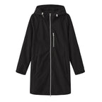 Black Women's Long Rain Jacket — Estella Hooded Water-Resistant Zip-Front - Flat Lay Solo