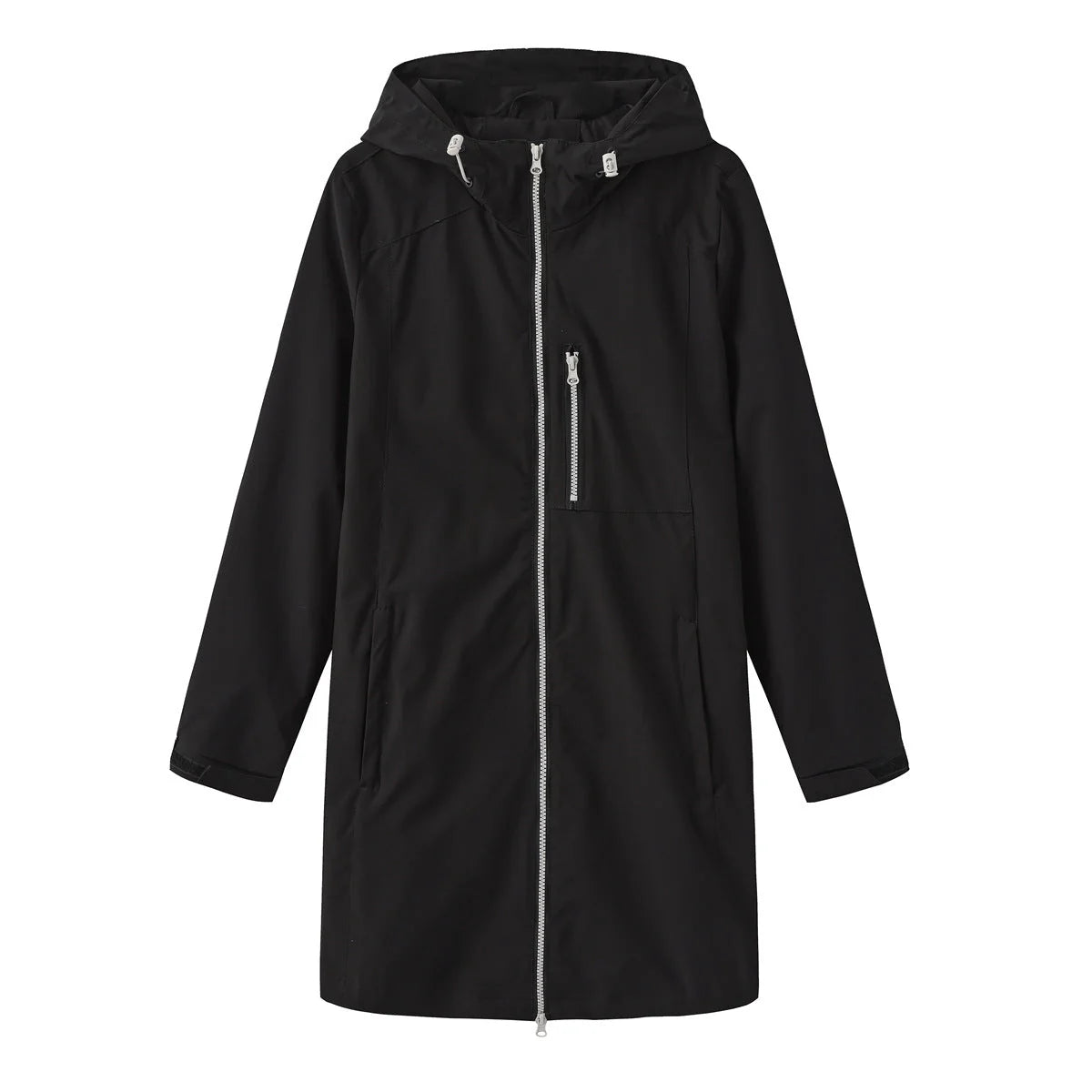Black Women's Long Rain Jacket — Estella Hooded Water-Resistant Zip-Front - Flat Lay Solo