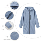 Blue Women's Long Rain Jacket — Estella Hooded Water-Resistant Zip-Front - Flat Lay Detail Callouts Alt