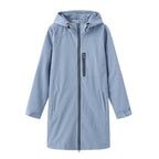 Blue Women's Long Rain Jacket — Estella Hooded Water-Resistant Zip-Front - Flat Lay Solo