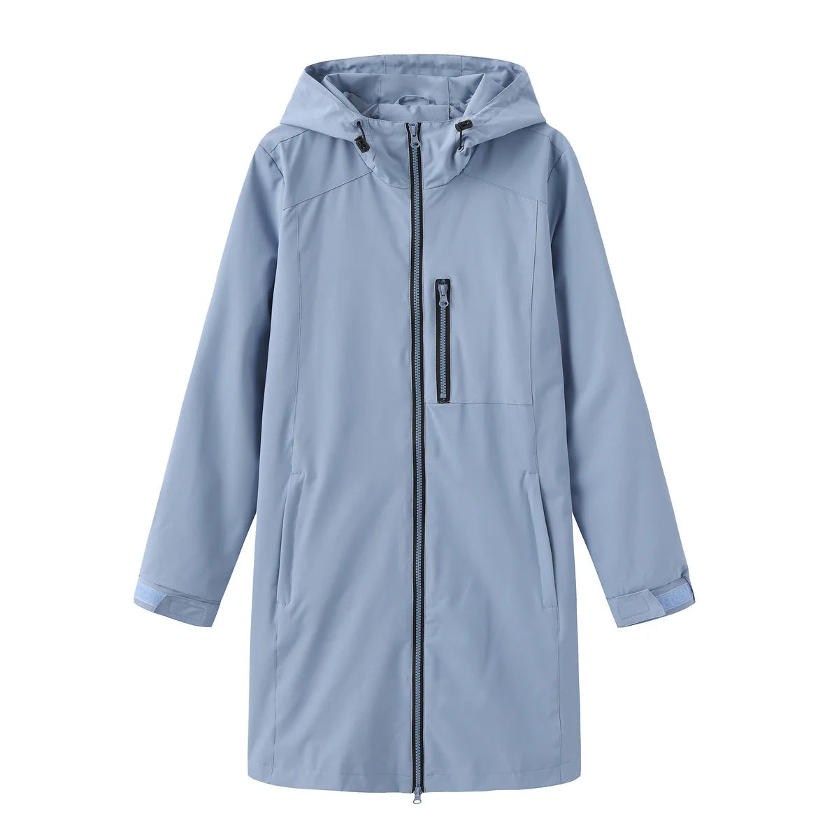 Blue Women's Long Rain Jacket — Estella Hooded Water-Resistant Zip-Front - Flat Lay Solo