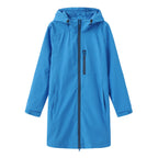 Blue Women's Long Rain Jacket — Estella Hooded Water-Resistant Zip-Front - Flat Lay Vivid