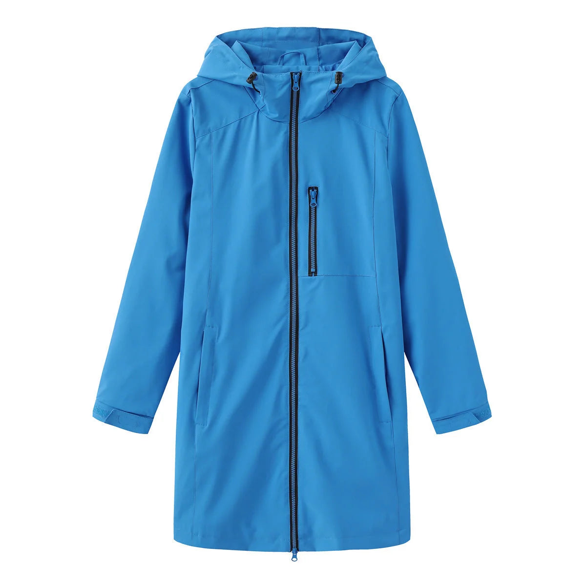 Blue Women's Long Rain Jacket — Estella Hooded Water-Resistant Zip-Front - Flat Lay Vivid