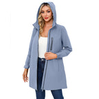 Blue Women's Long Rain Jacket — Estella Hooded Water-Resistant Zip-Front - Front Full