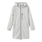 Gray Women's Long Rain Jacket — Estella Hooded Water-Resistant Zip-Front - Flat Lay Solo
