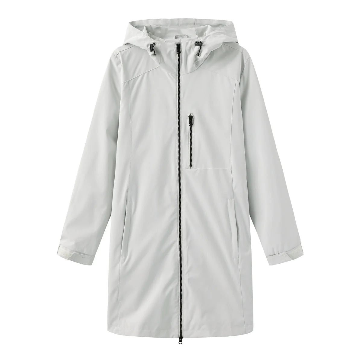Gray Women's Long Rain Jacket — Estella Hooded Water-Resistant Zip-Front - Flat Lay Solo