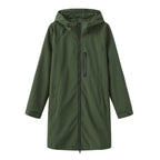 Green Women's Long Rain Jacket — Estella Hooded Water-Resistant Zip-Front - Flat Lay Solo