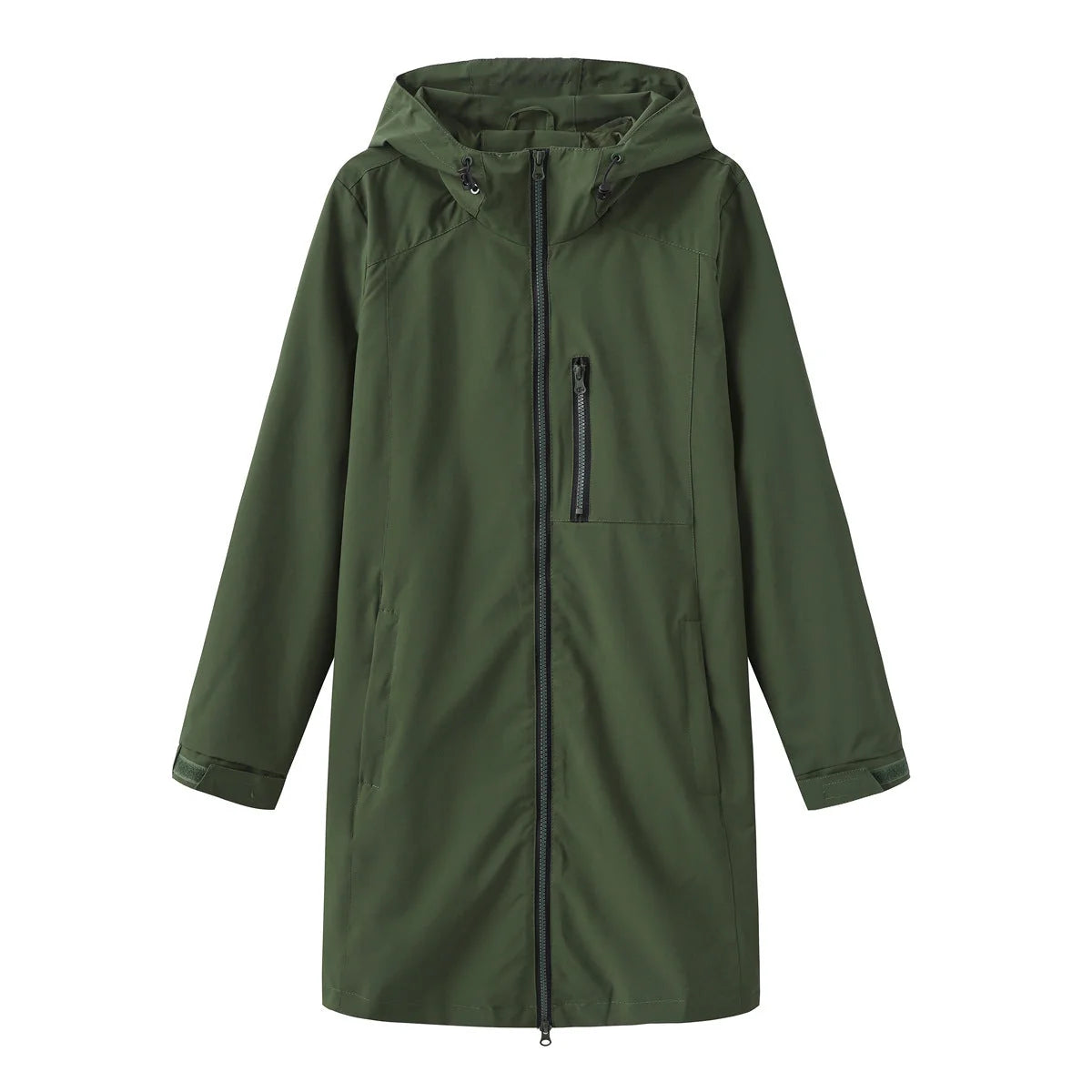 Green Women's Long Rain Jacket — Estella Hooded Water-Resistant Zip-Front - Flat Lay Solo