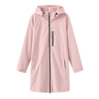 Pink Women's Long Rain Jacket — Estella Hooded Water-Resistant Zip-Front - Flat Lay Solo