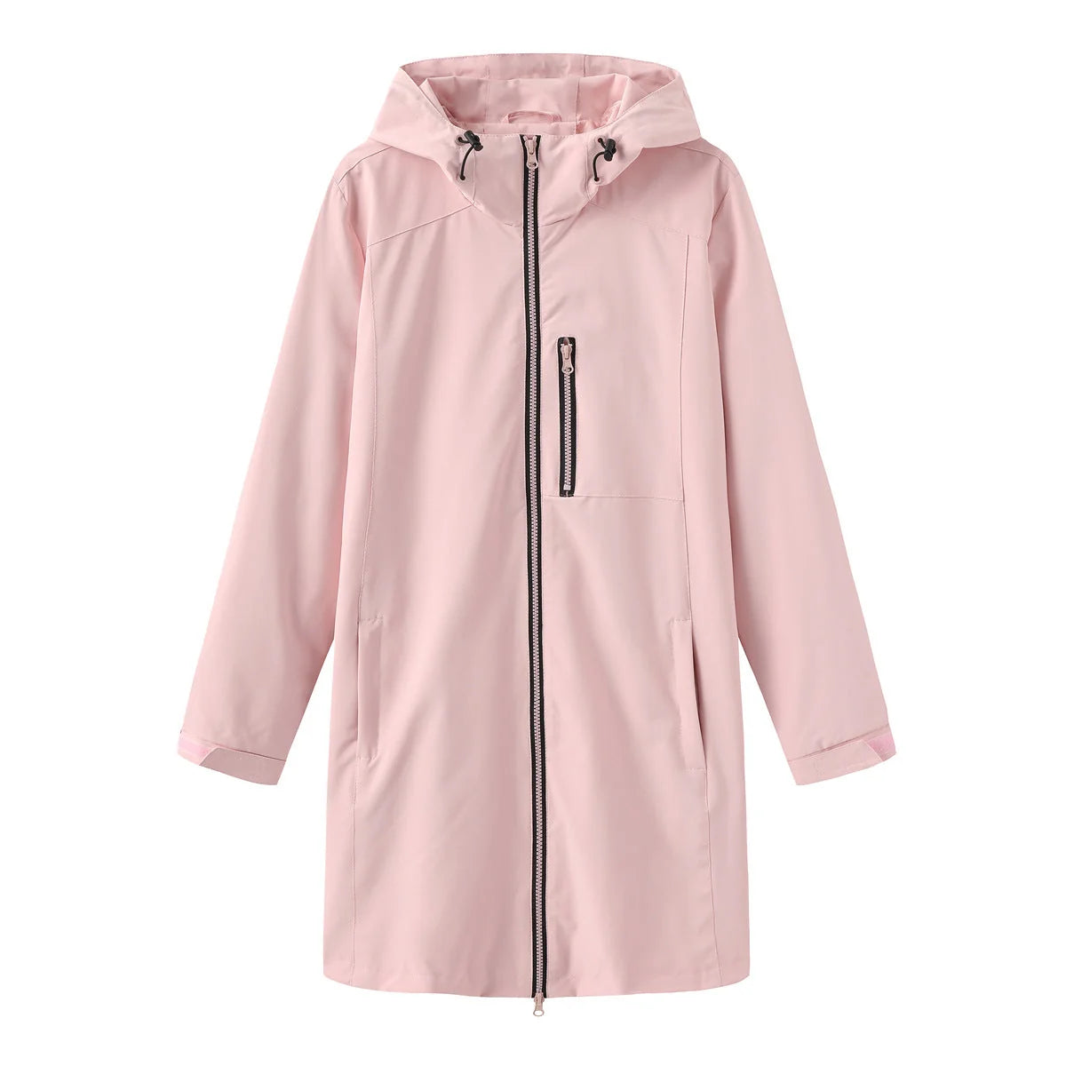Pink Women's Long Rain Jacket — Estella Hooded Water-Resistant Zip-Front - Flat Lay Solo