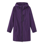 Purple Women's Long Rain Jacket — Estella Hooded Water-Resistant Zip-Front - Flat Lay Solo