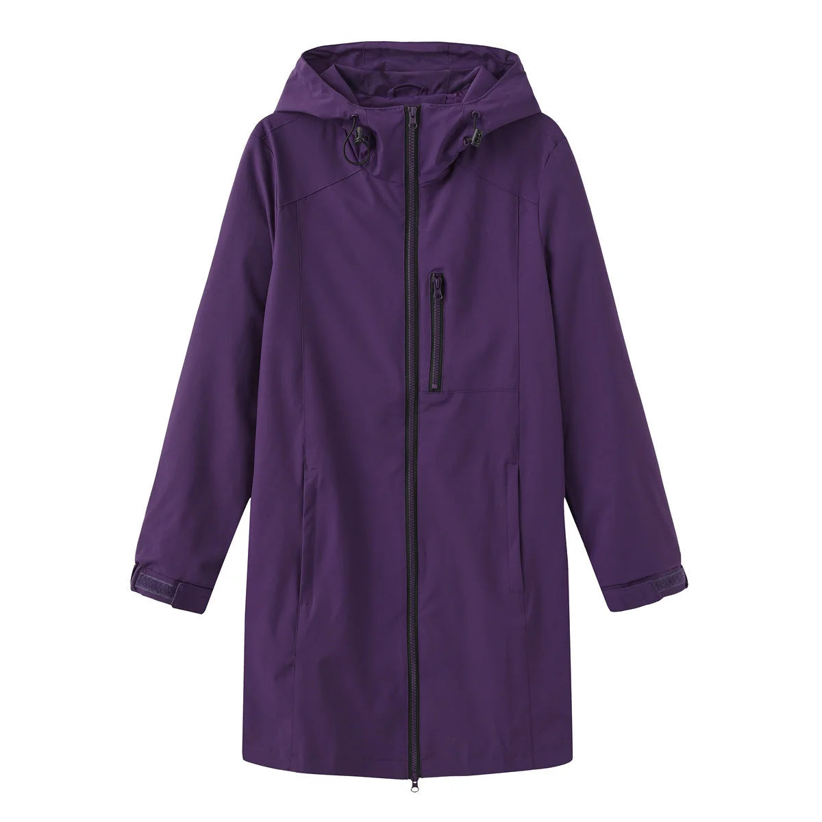 Purple Women's Long Rain Jacket — Estella Hooded Water-Resistant Zip-Front - Flat Lay Solo