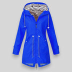 Blue Women's Raincoat With Hood — Belle Longline Waterproof Drawstring - Front View